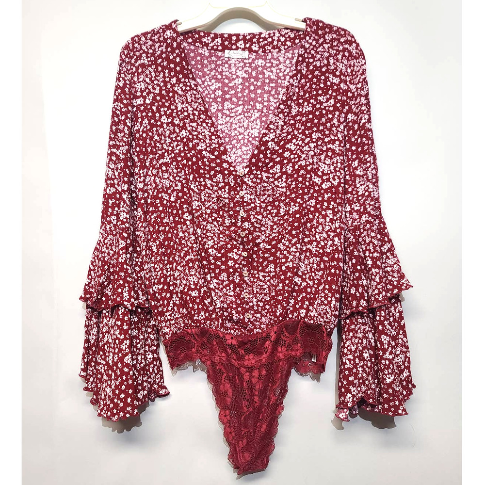 Free People Red Floral V-Neck Long Sleeve Bodysuit - Picture 2 of 6
